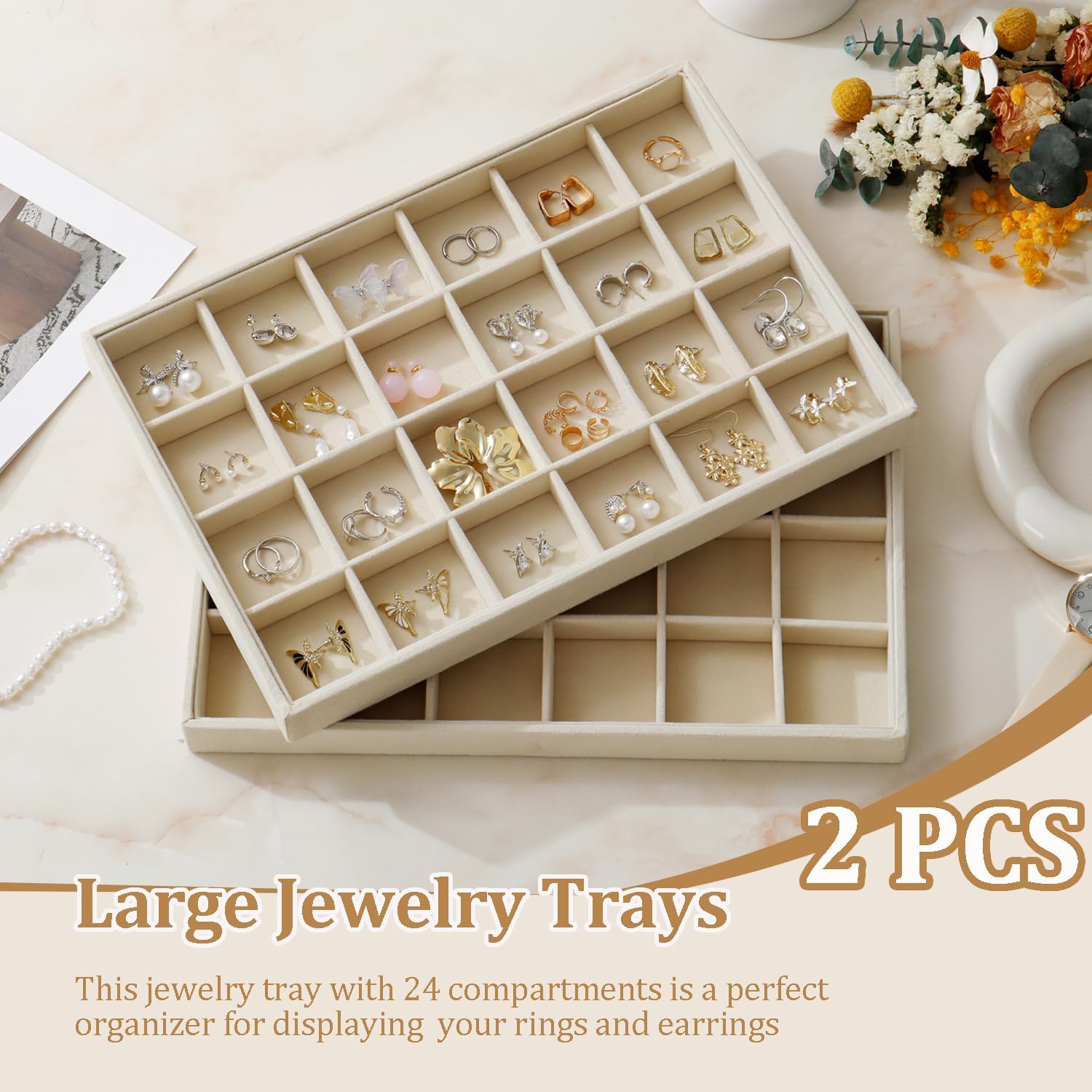 Large Velvet Jewelry Tray 2 Pack Stackable Jewelry Display Drawer Inserts Trays Organizer for Earring Bracelet Necklace Ring (Beige, 24 Grids)