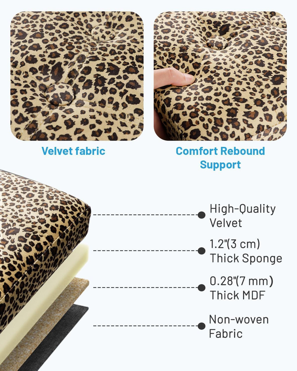 Bsketa Storage Ottoman Bench, 17" Folding Velvet Foot Rest,Leopard Print | Small Ottoman with Side Pockets, Thicker Foam Padded Seat, Livingroom, Dorm, Bedroom, Easy to install, 43L,17x13x13in
