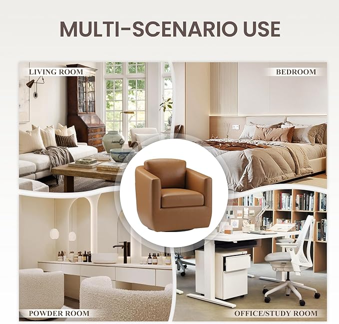 COLAMY 360° Swivel Accent Chair Set of 2 with Pillow, Leather Living Room Armchair No-Sag Foam & Sturdy Metal Base, Fully Assembled Swivel Single Sofa for Bedroom Living Room, Reading Room, Brown