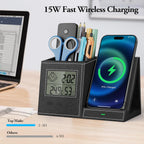 TopMade Wireless Charger with Pen Holder, Leather Desk Nightstand Organizer Home Office Supplies Pencil Holder Fast Charging Station, Digital Thermometer and Humidity Gauge Gifts for Men(Black)