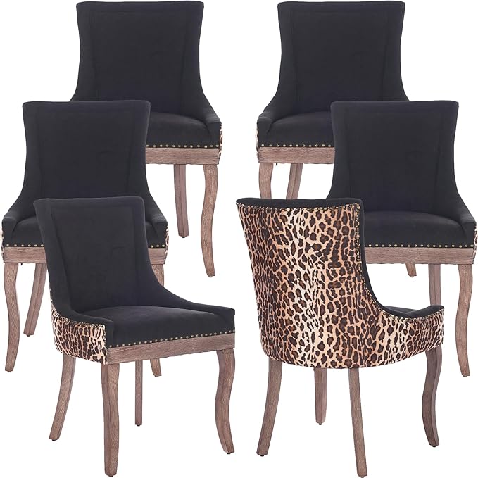 Dining Chairs Set of 6, Kitchen & Dining Room Chairs, Leopord Fabric Upholstered Dinning Chairs, Sillas De Comedor, Nailhead Trim, Wood Legs (Leopord, 6 Pcs)