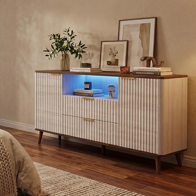 55"W TV Stand Fit up to 65-inch TVs, Mid-century Modern Entertainment Center with LED, Fluted Wood TV Table with 2 Drawers & Storage Cabinets, Media Console for Living Room & Bedroom, Beige