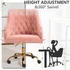 MOJAY Velvet Home Office Desk Chair, Vanity Chair with Wheels Pretty Fancy Gold 360°Swivel Height Adjustable Office Chairs for Girls Home Offices, Bedrooms, Living Room (Pink)