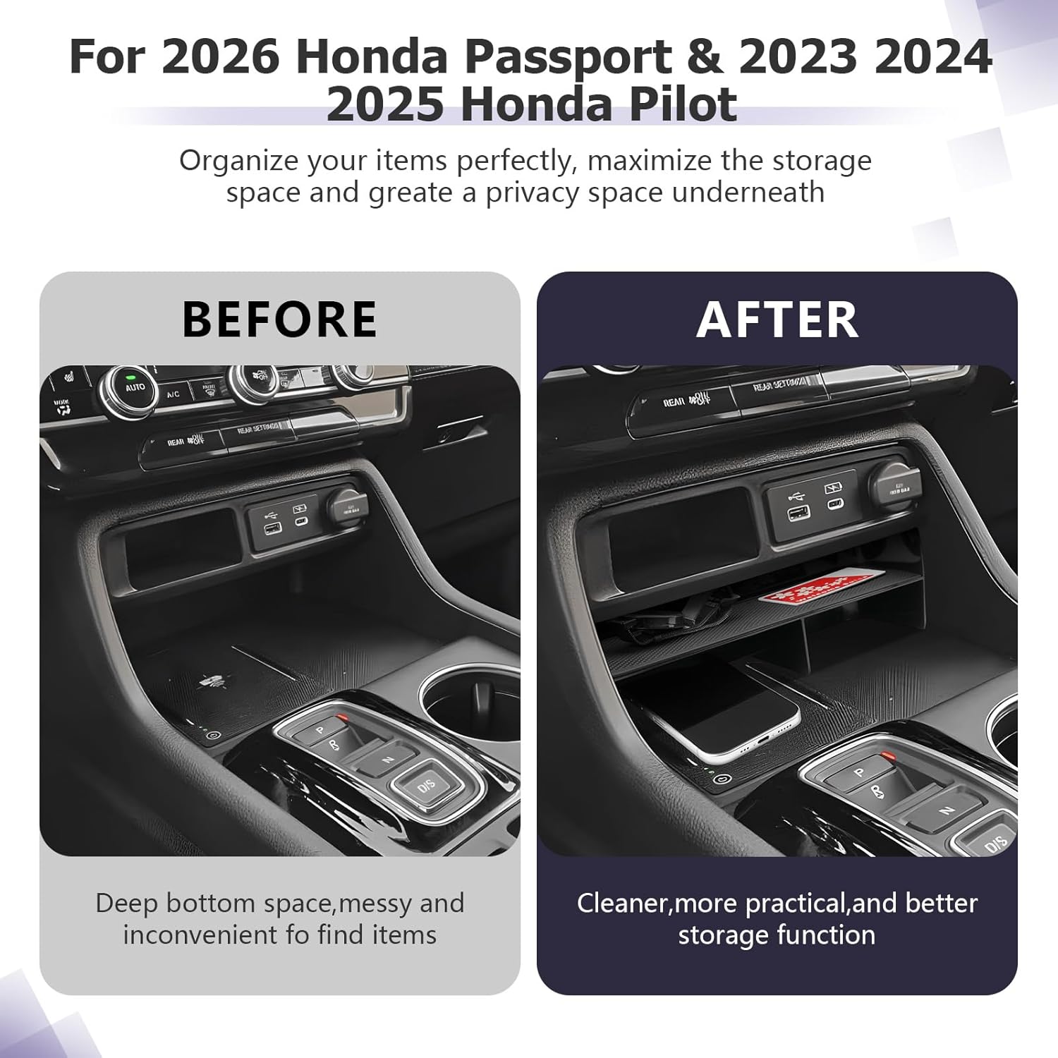 LUWU 2026 Passport Center Console Organizer Compatible with 2023 2024 2025 Pilot & 2026 Passport Interior Accessories Armrest Storage Box Tray Organizer Insert Tray 2025 Pilot Accessories Black