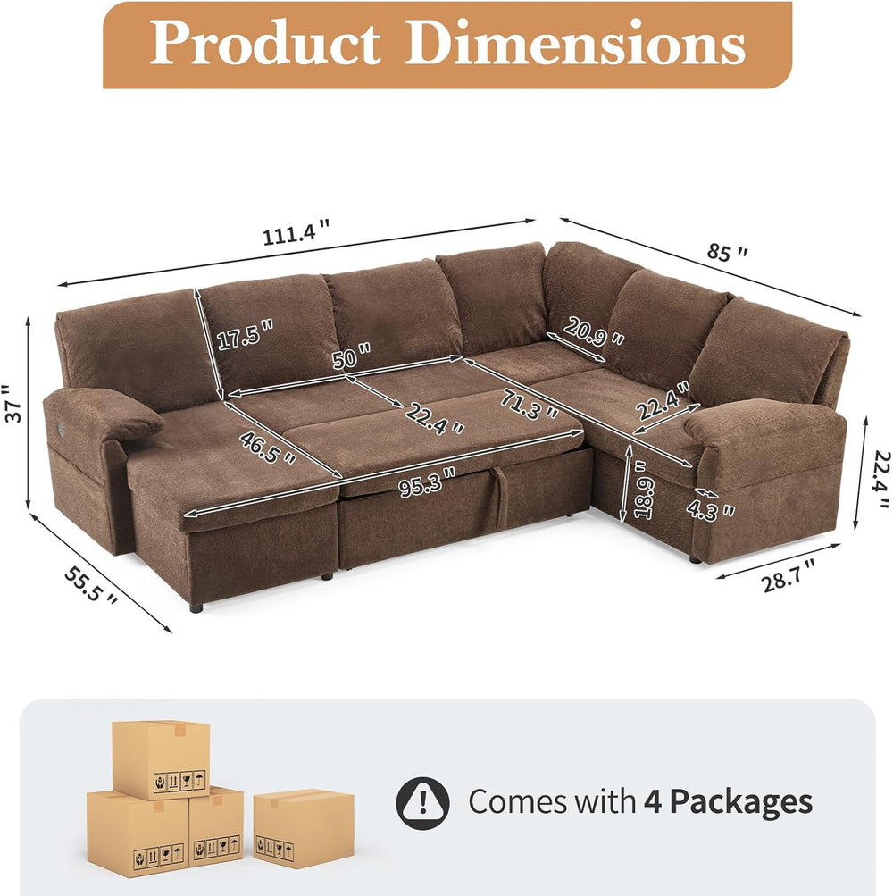 VINGLI Sectional Sleeper Sofa with Pull Out Couch Bed, 111 Inch U-Shaped Conv...