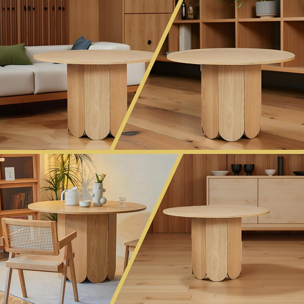 Round Wood End Table with Thickened Top and Petal-Shaped Base, Space-Saving S...
