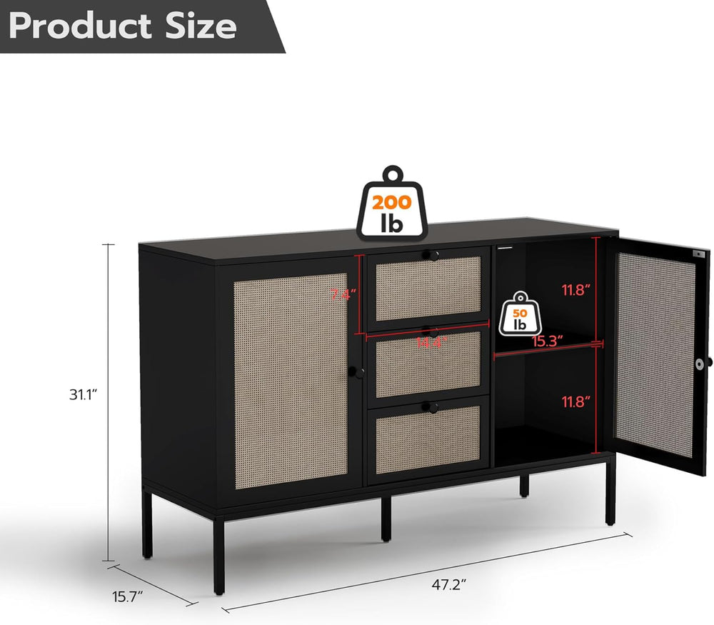 Rattan Sideboard Buffet Cabinet with 2 Doors & 3 Drawers, Mid Century Mod...
