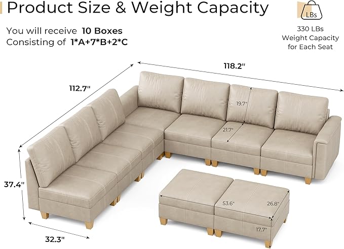 SITJOY 118" Faux Leather Modular Sectional Sofa with Storage, Mid Century Modern Sectional Couches for Living Room, Soft Padded Armrests, 9 Seat L Shaped Couch with Ottoman, Greige