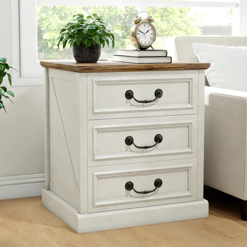 MUUEGM Night Stand with Charging Station Set of 2 Rustic White Bedside End Ta...