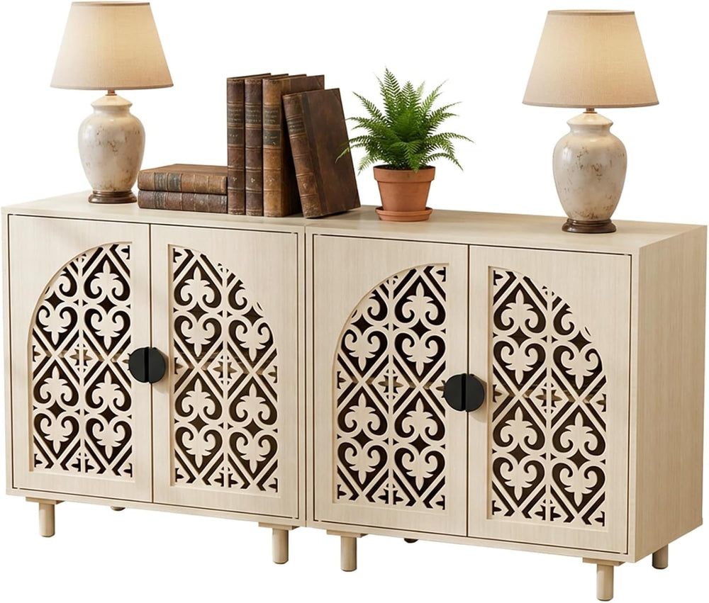 Set of 2 Sideboard Buffet Cabinet, Boho Storage Cabinet with Doors and Shelve...