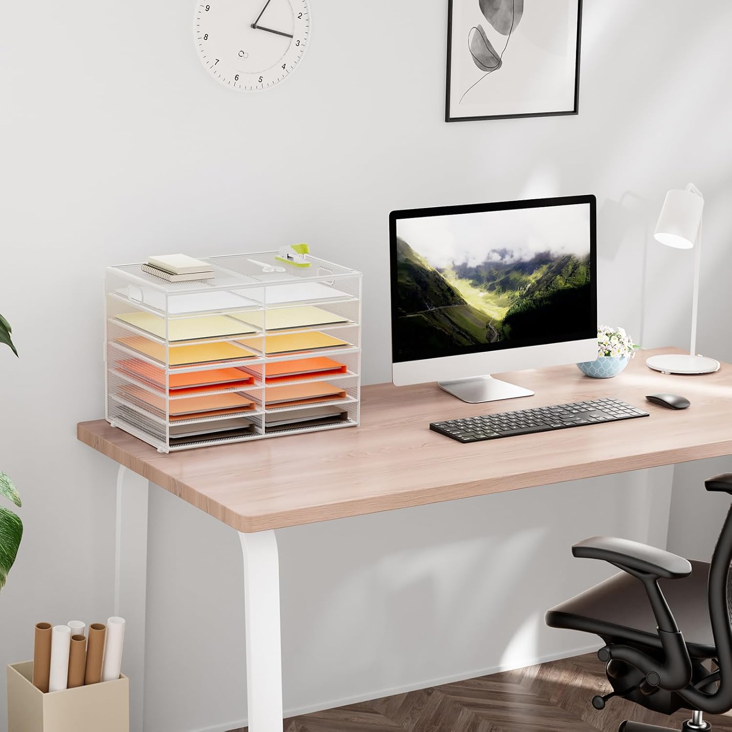 Marbrasse 7 Tier Desktop Literature Organizer, Mesh Paper Organizer Desk Organizers, File Sorter Mail Center Paper Storage Cabinet Classroom Keepers Mailbox for Office Home School, White