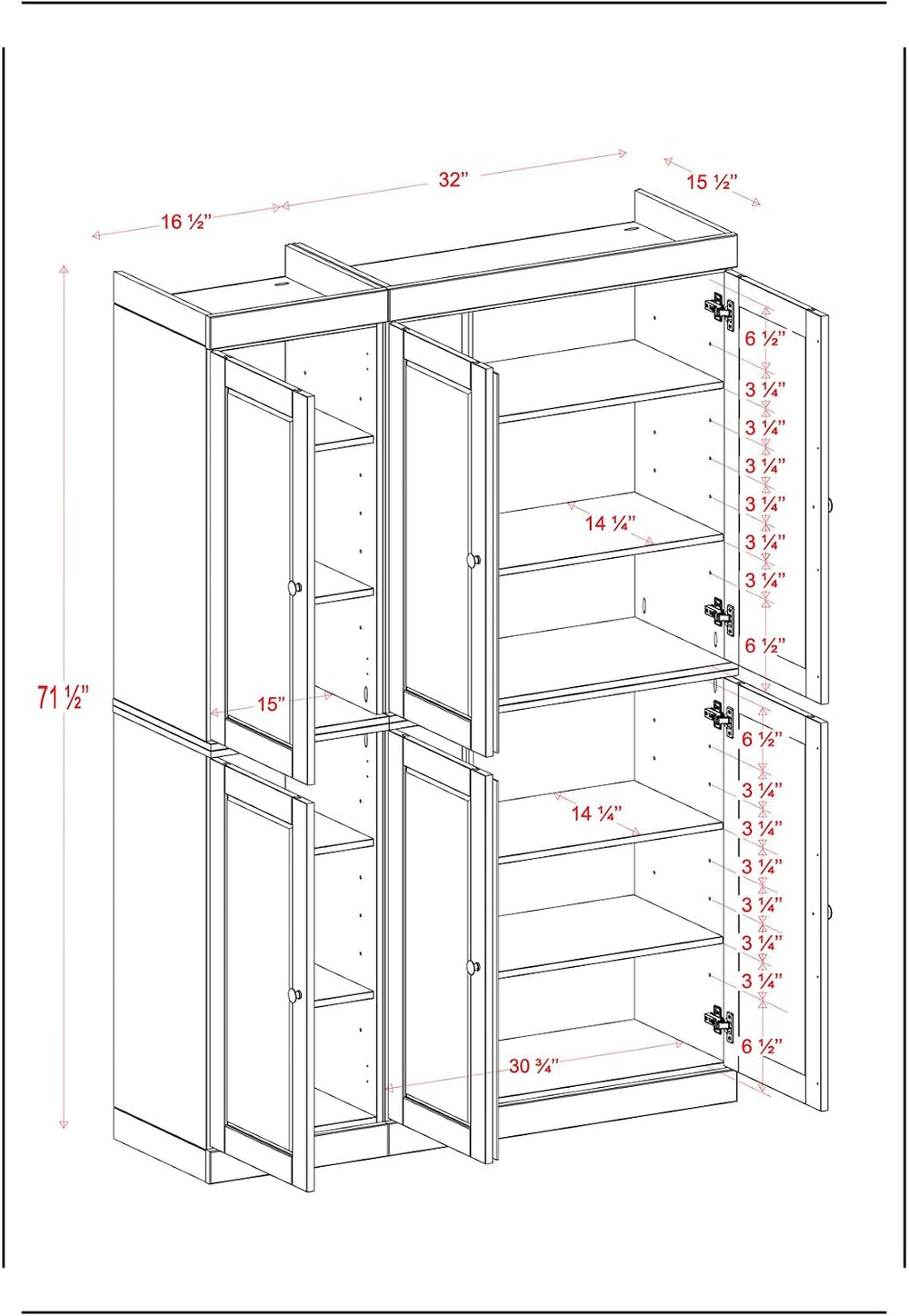 Palace Imports Solid Wood Kitchen Pantry Cabinet 71.5" Tall, 48.5" ...