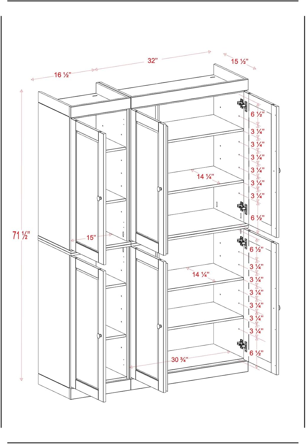 Palace Imports Solid Wood Kitchen Pantry Cabinet 71.5" Tall, 48.5" Wide – Wooden Storage Cabinet w/ 6 Shaker Doors & 8 Adjustable Shelves – Mocha, Renewable Eco-Friendly 100% Wood, Made in Brazil