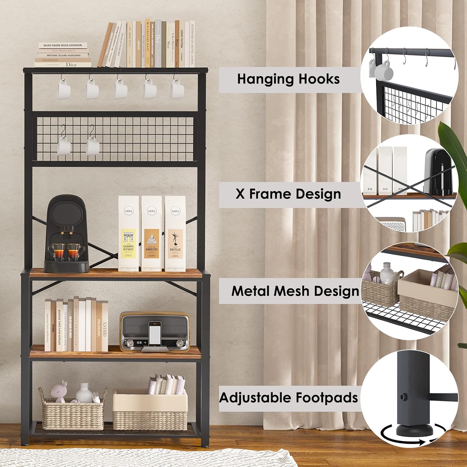 soges Kitchen Baker's Rack, 4-Tier Design, Microwave Stand, Rustic Brown, Utility Organizer, Mesh Bottom Panel, Free Standing with 5 Hooks
