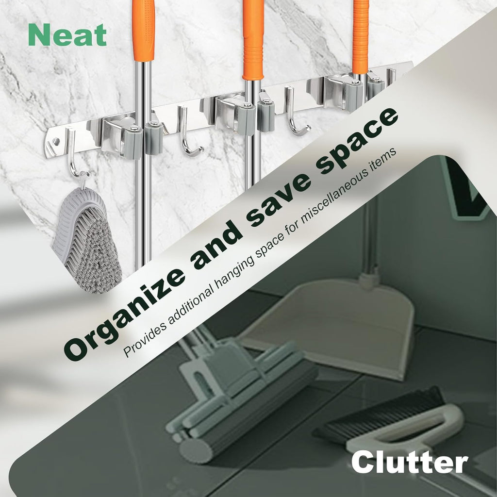 2 Pack Broom Holder Wall Mount 3 Racks 4 Hooks Stainless Steel Broom Mop Holder Anti Slip Storage Rack Strong Load Bearing Waterproof Broom and Mop Organizer Wall Hanging for Bathroom Kitchen Garage