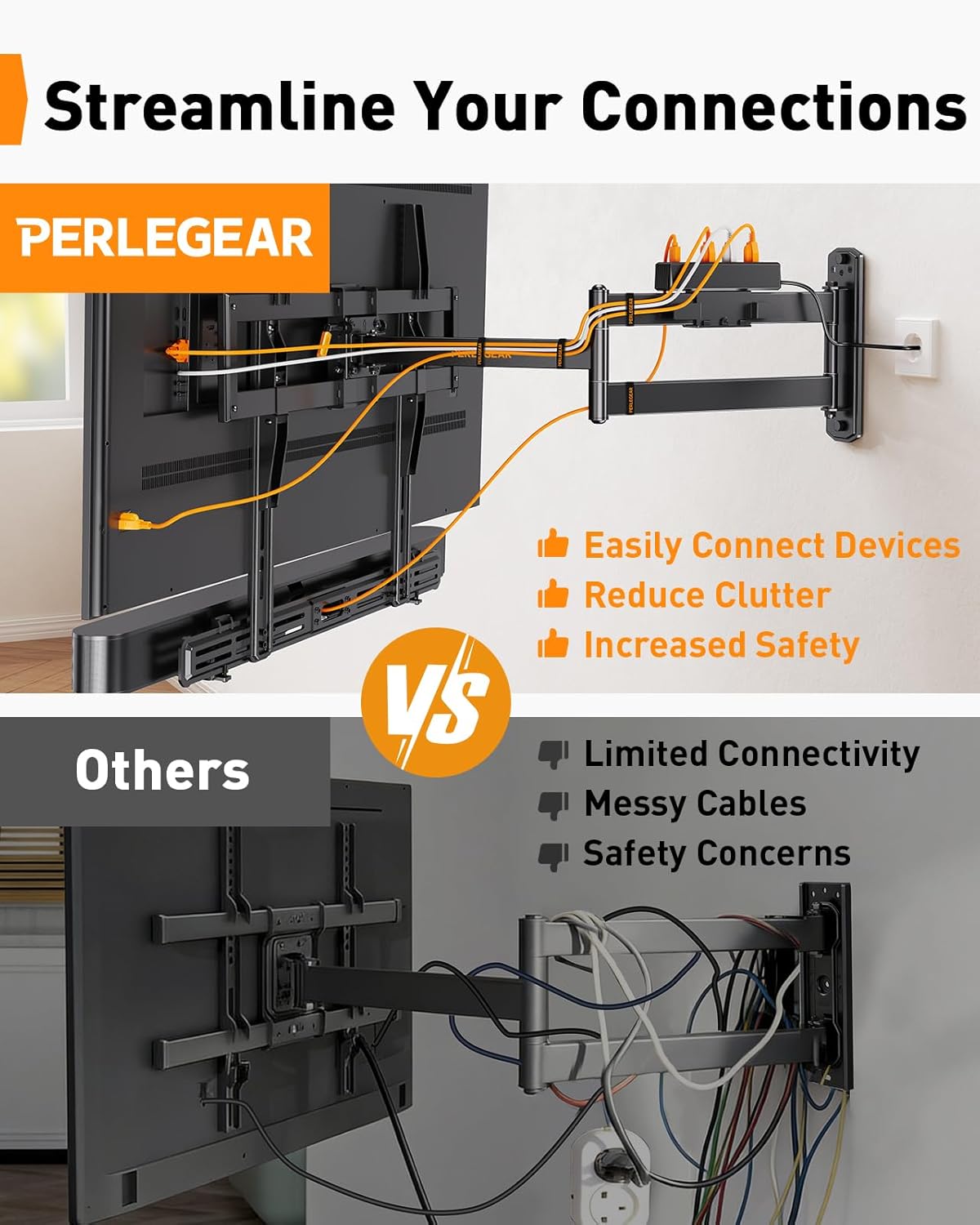 Perlegear Long Arm TV Wall Mount Full Motion with Surge Protection Power Strip for 38–75 Inch TVs, Corner TV Mount with 31.5″ Long Extension, Swivel, Tilt, Max VESA 600x400mm, Holds up to 100 lbs