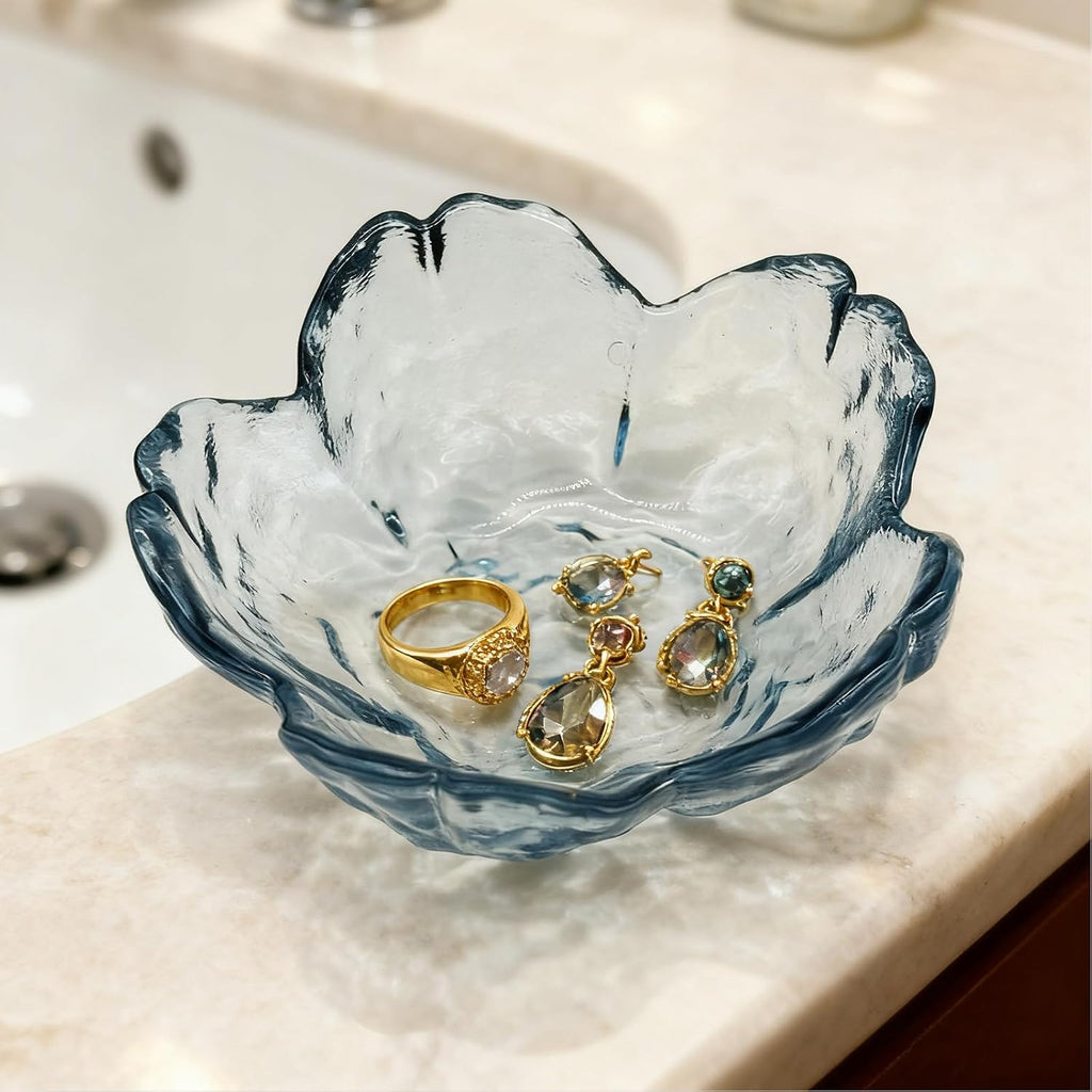 Flower Ring Dish Jewelry Tray, Glass Jewelry Dish Tray, Aesthetic Room Decor Small Trinket Dish, Nightstand Jewlery Ring Holder Dish, Bathroom Jewelry Plate Bowl for Rings Earrings Wife Gift (Blue)