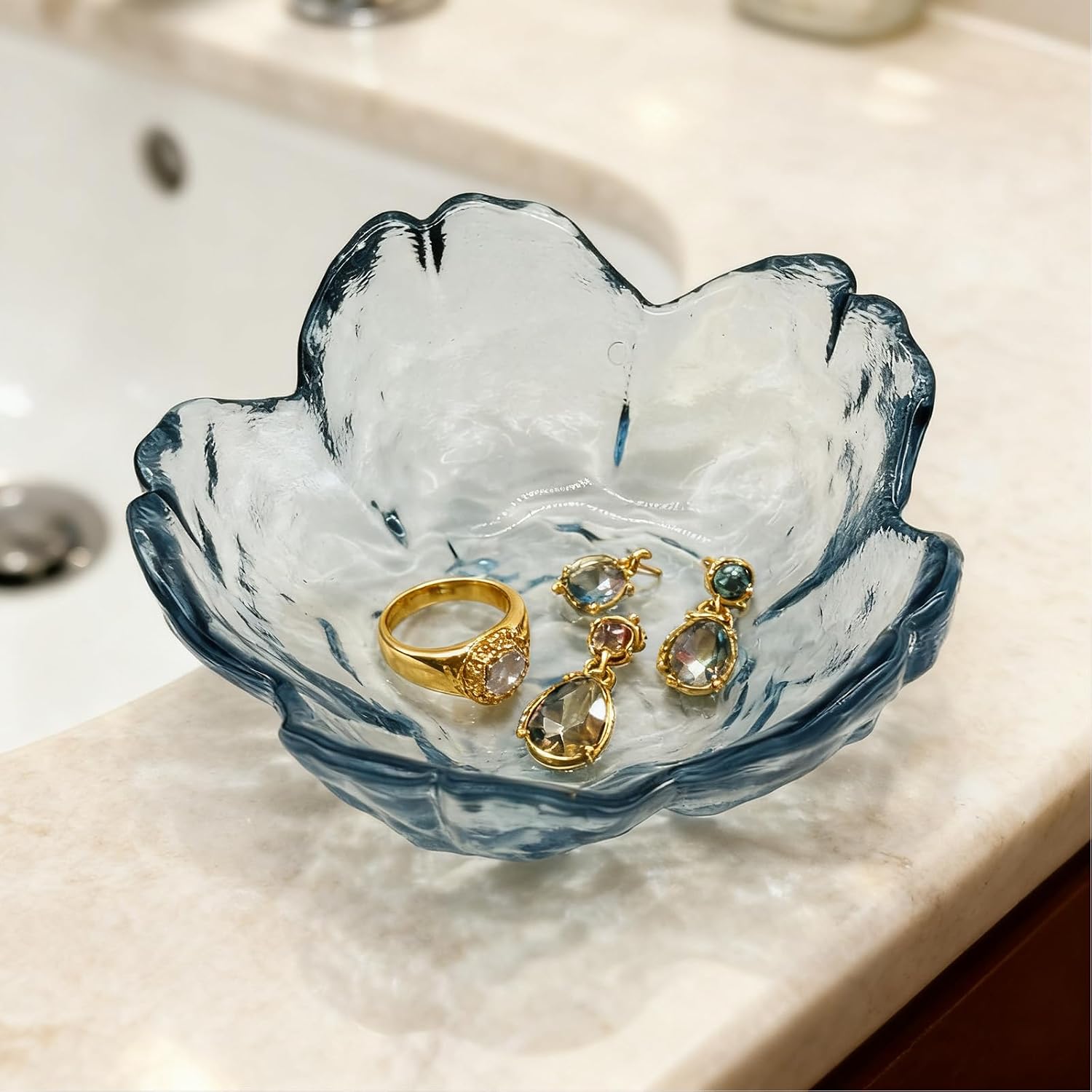 Flower Ring Dish Jewelry Tray, Glass Jewelry Dish Tray, Aesthetic Room Decor Small Trinket Dish, Nightstand Jewlery Ring Holder Dish, Bathroom Jewelry Plate Bowl for Rings Earrings Wife Gift (Blue)