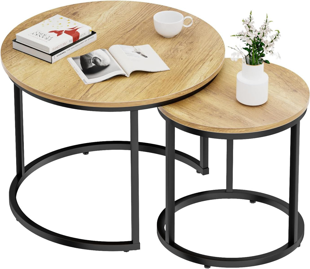 Smuxee Nesting Coffee Table Set of 2, 23.6" Round Coffee Table Brown Woo...