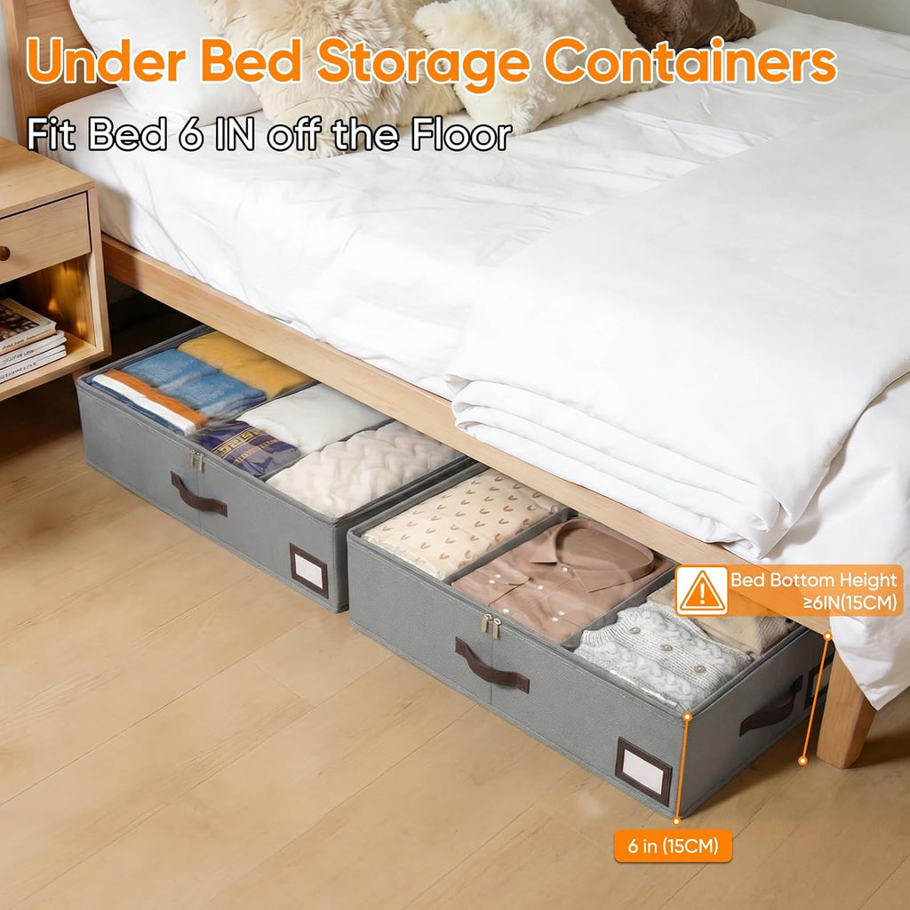 OIAHOMY 2 Pack 53L Under Bed Storage with Adjustable Dividers, 6" Low Profile Underbed Storage Bins for Comforters & Clothes, Save Closet Space with Clear View Lid & Reinforced Handles, Grey
