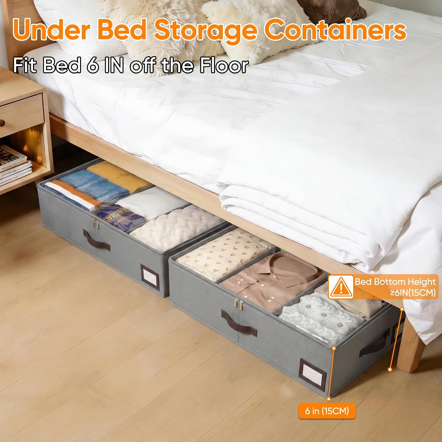OIAHOMY 2 Pack 53L Under Bed Storage with Adjustable Dividers, 6" Low Profile Underbed Storage Bins for Comforters & Clothes, Save Closet Space with Clear View Lid & Reinforced Handles, Grey