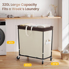 320L Laundry Basket with Wheels, 3-Section Rolling Hamper for Laundry, Extra Large Laundry Hamper with Wheels, Clothes Hamper Rolling Laundry Basket for Home, Bathrooms and Dorm(Beige)