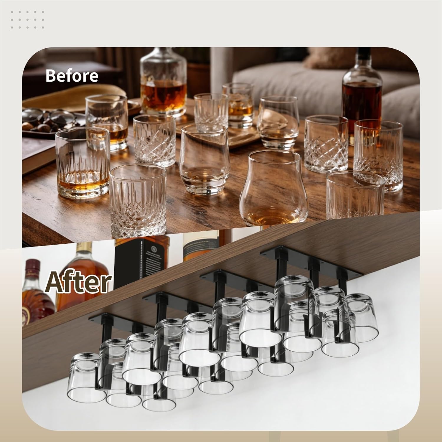 4 Pcs Wine Glass Rack, Under Cabinet Stemware Organizer, Inverted Hanging Draining Dustproof Plastic Cup Storage Holder with Mounting Screws & Glue, Ideal for Kitchen, Bar and Dining Room (Black)