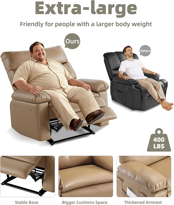 GarveeHome Oversized Recliner Chair - PU Leather Manual Recliner for Adults, Lazy Chair with 1.5X Sponge Comfort Arm and Back for Living Room, Bedroom