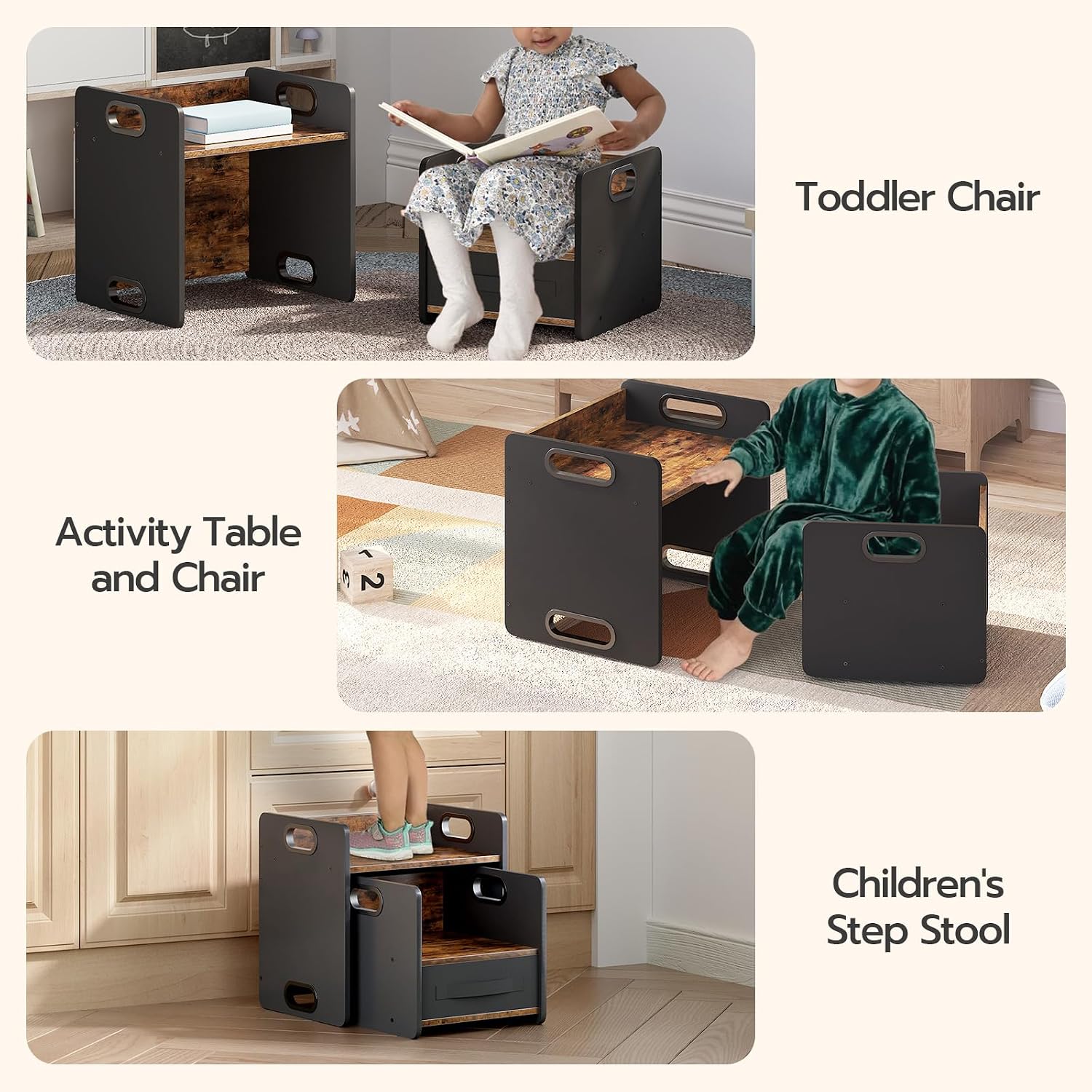 HOOBRO Weaning Table and Chair Set, Toddler Table and Chair Set, Furniture for Kids 1-3 Year Old, Kids Table and Chair for Reading, Rustic Brown and Black BF38JD01