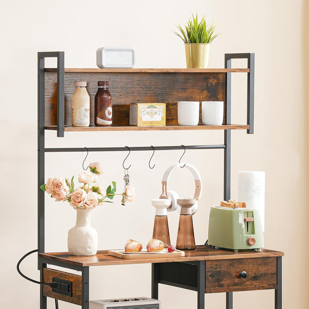HOOBRO Bakers Rack with 4 AC Power Outlets, 5-Tier Coffee Bar with Wire Basket, Microwave Stand with Paper Holder and Drawer, Kitchen Storage Shelf, Rustic Brown and Black BF84UHB01