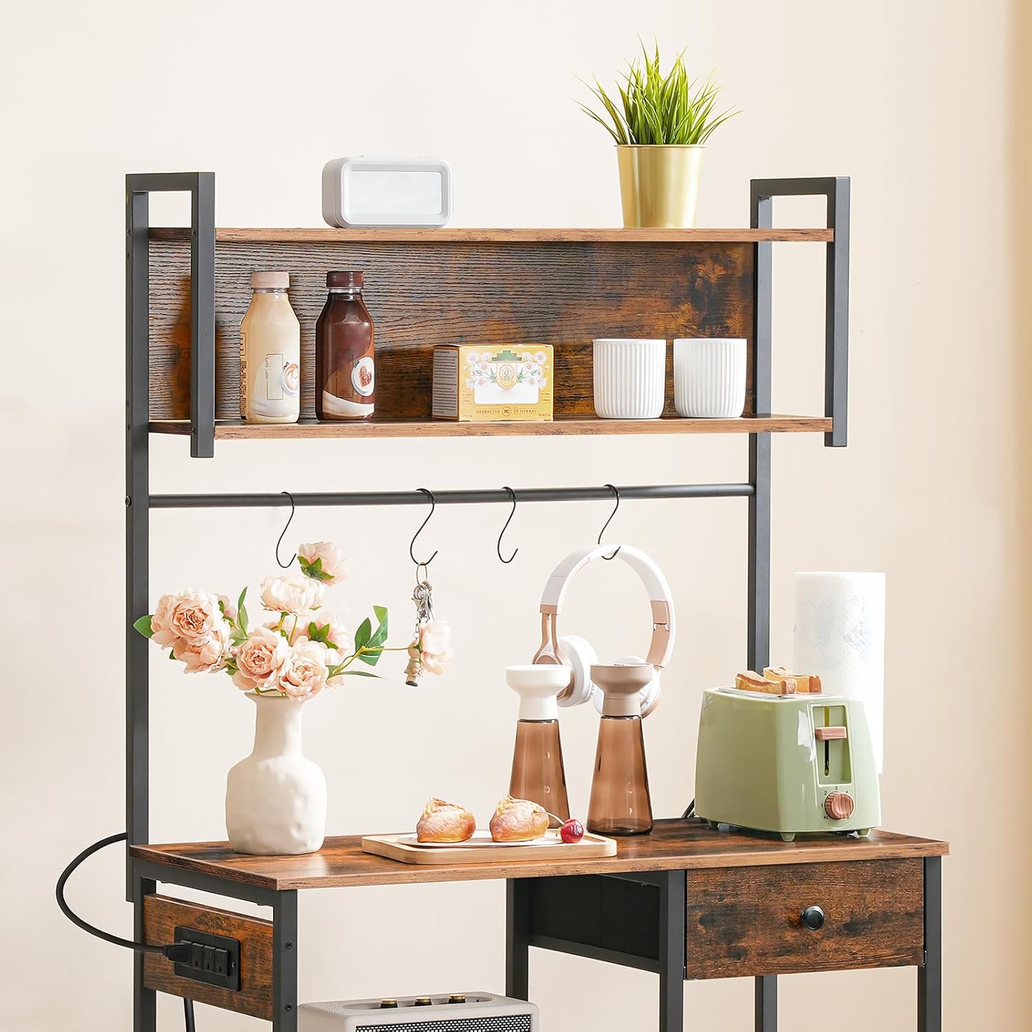 HOOBRO Bakers Rack with 4 AC Power Outlets, 5-Tier Coffee Bar with Wire Basket, Microwave Stand with Paper Holder and Drawer, Kitchen Storage Shelf, Rustic Brown and Black BF84UHB01
