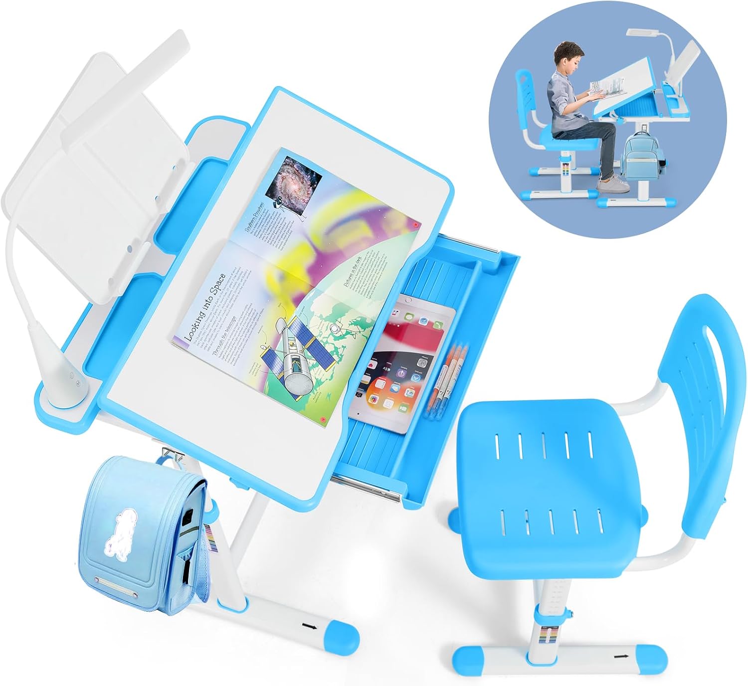Artist hand Height Adjustable Kids Desk and Chair Set with LED Light,Drawer | Ergonomic Kids Desk with Tiltable Desktop, Kids Drawing Table Study Desk for Kids 3-12 Boys Girls
