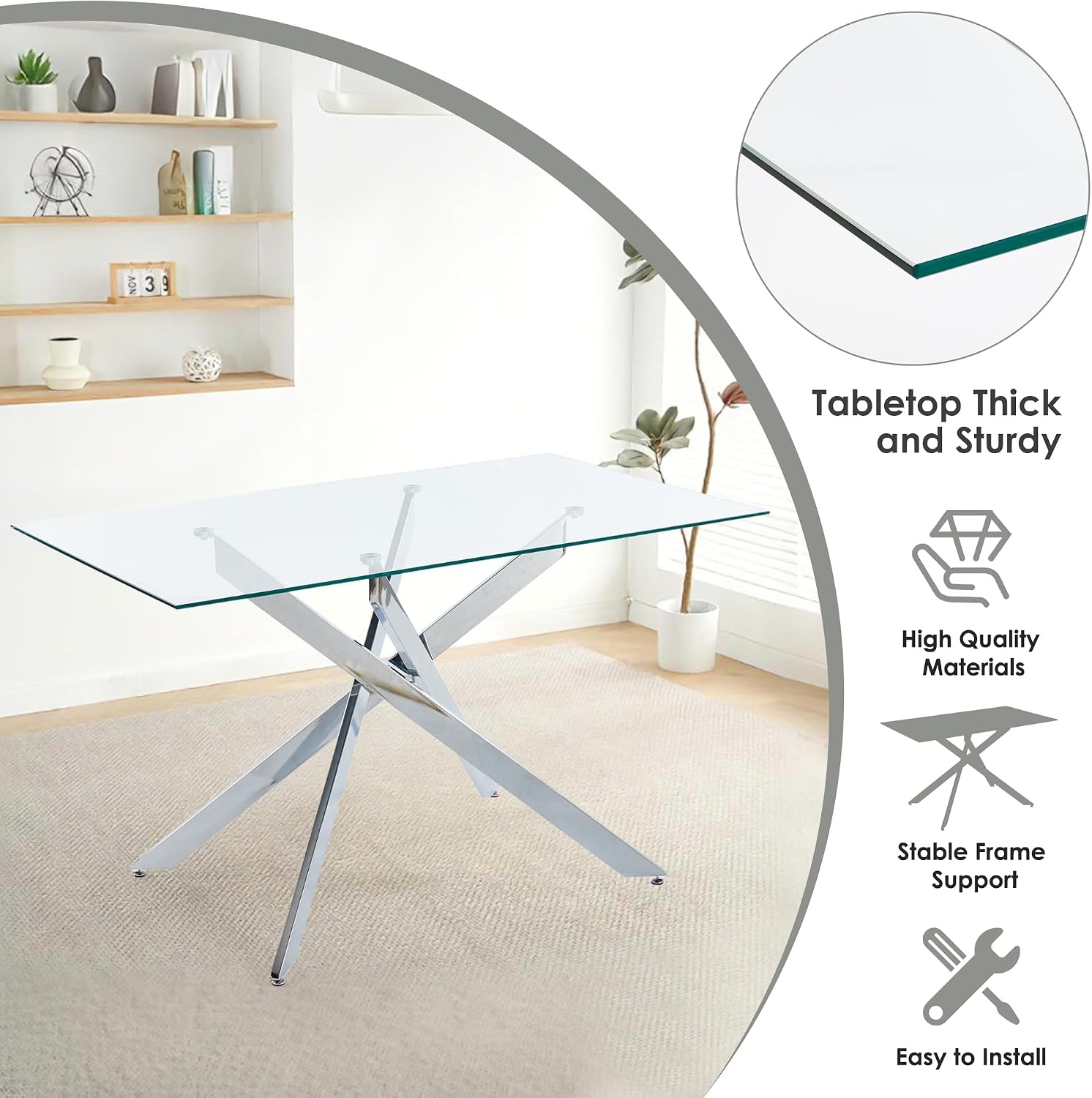 5-Piece Dining Table Set for 4, Modern Rectangular Glass Table with 4 Upholstered Leather Chairs, Space-Saving Dining Room Furniture Table & Chair Sets for Small Spaces&Apartment(Black&Silver)
