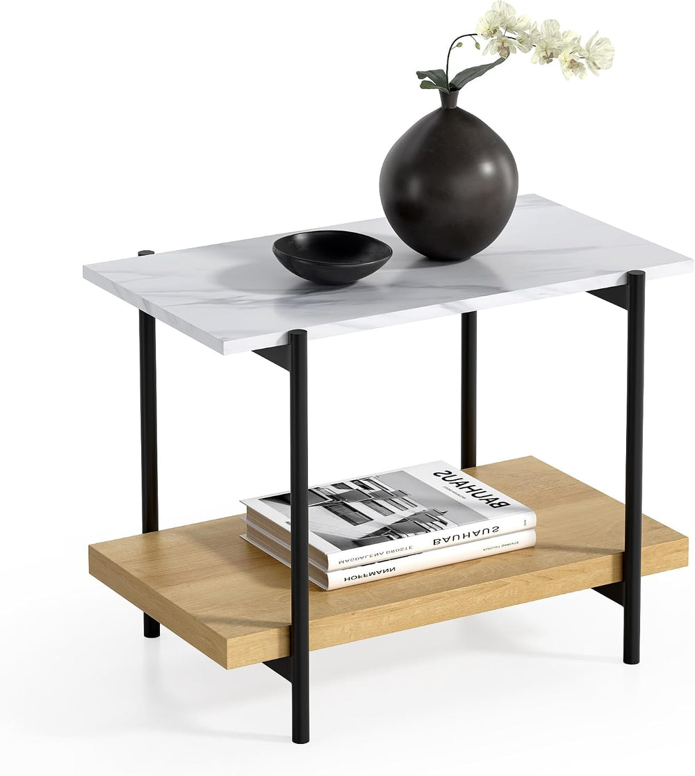 End Table with 2 Tier Wood Open Shelf, Rectangular Sofa Side Table with Metal...