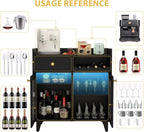 COCO DESIGN Small Bar Cabinet, Black Modern Liquor Wine Cabinet with Storage with Led Light for Home, Farmhouse Buffet Coffee Sideboard with Glass Door & Wavy Wine Rack for Kitchen
