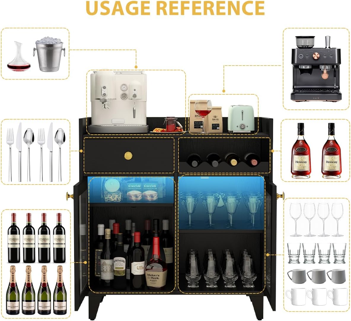 COCO DESIGN Small Bar Cabinet, Black Modern Liquor Wine Cabinet with Storage with Led Light for Home, Farmhouse Buffet Coffee Sideboard with Glass Door & Wavy Wine Rack for Kitchen