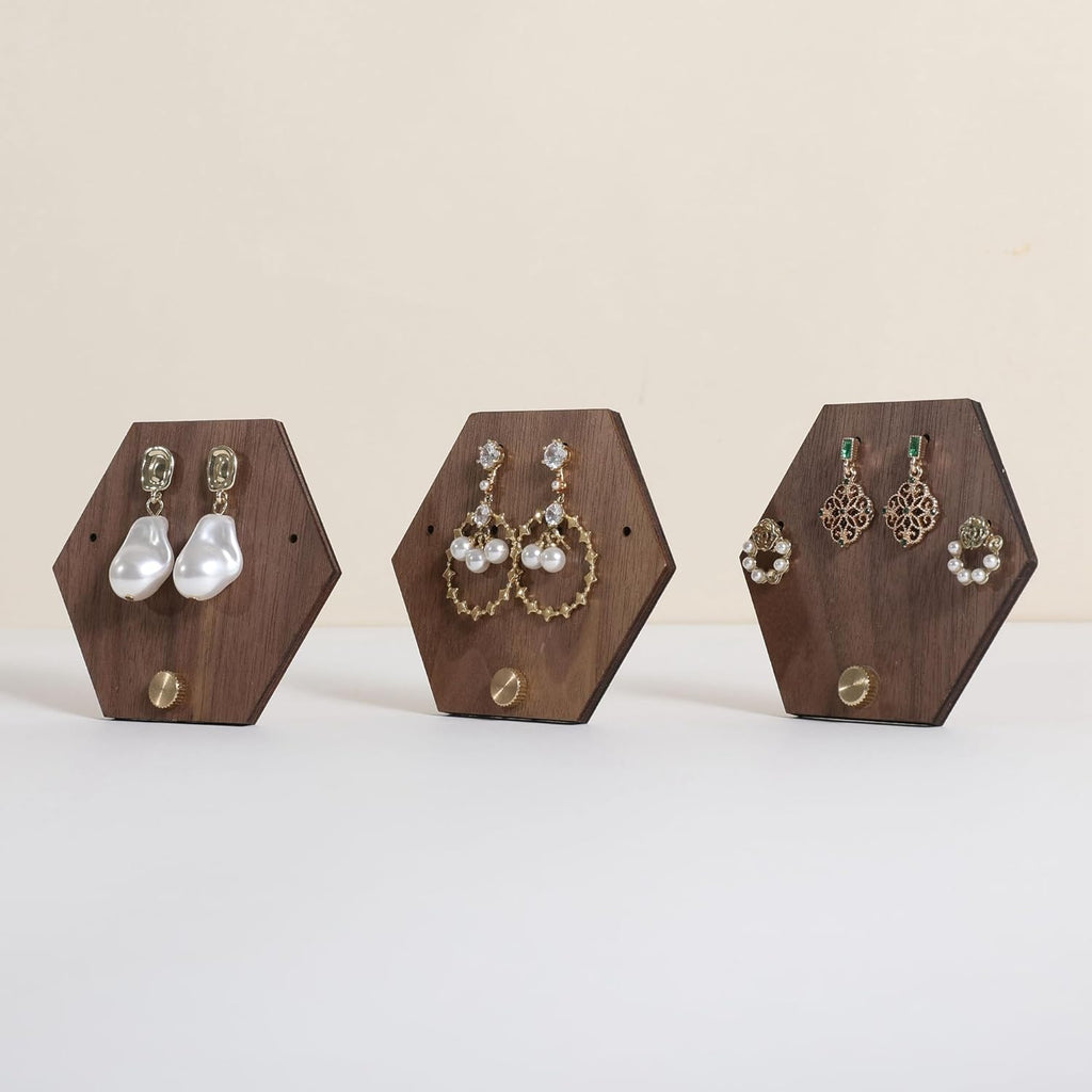 GemeShou 3pcs wooden jewelry earring organizer holder, walnut earring studs stand for boutique store, cute earring display for selling with 6 holes on each【Earring stand-Hexagon-3pcs】
