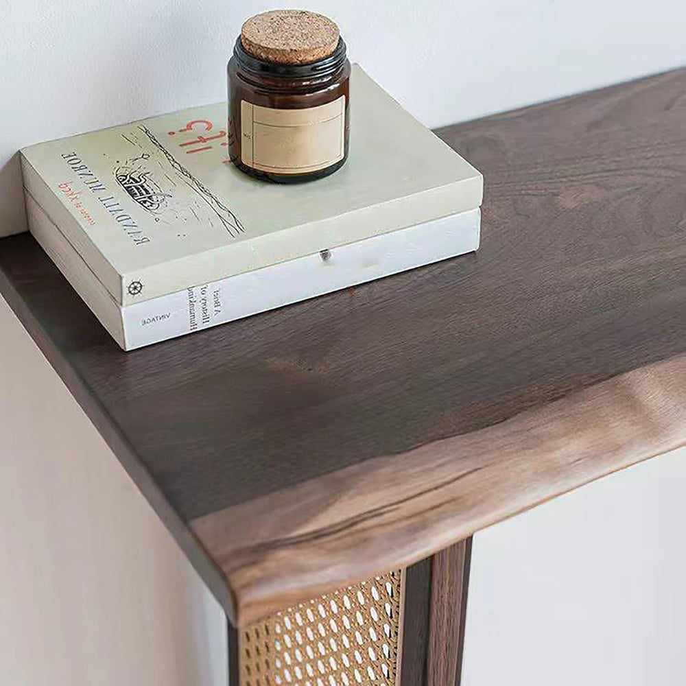 Rustic Console Table with Solid Wood Tabletop and Rattan Table Legs Narrow Sh...
