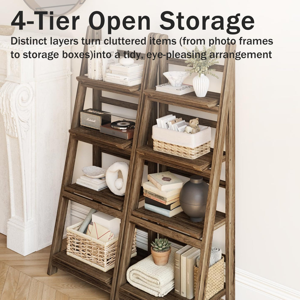 Ladder Shelves - Folding Wooden Ladder Bookshelf, 4-Tier Retro Plant Stand St...