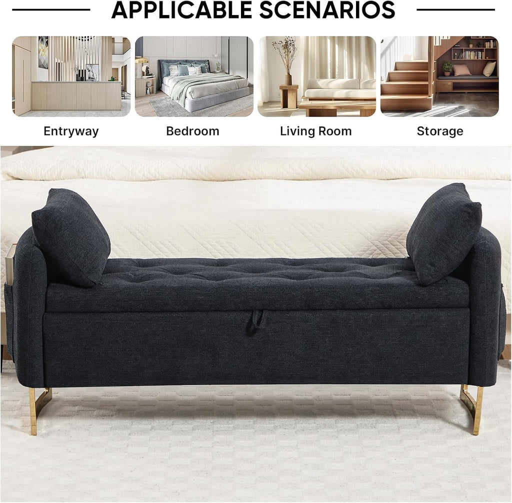 48" End of Bed Bench, Modern Storage Benches with Button-Tufted, Chenille Upholstered Storage Ottoman Bench for Foot of Bed with Arms, Gold Legs Window and Entryway, Black
