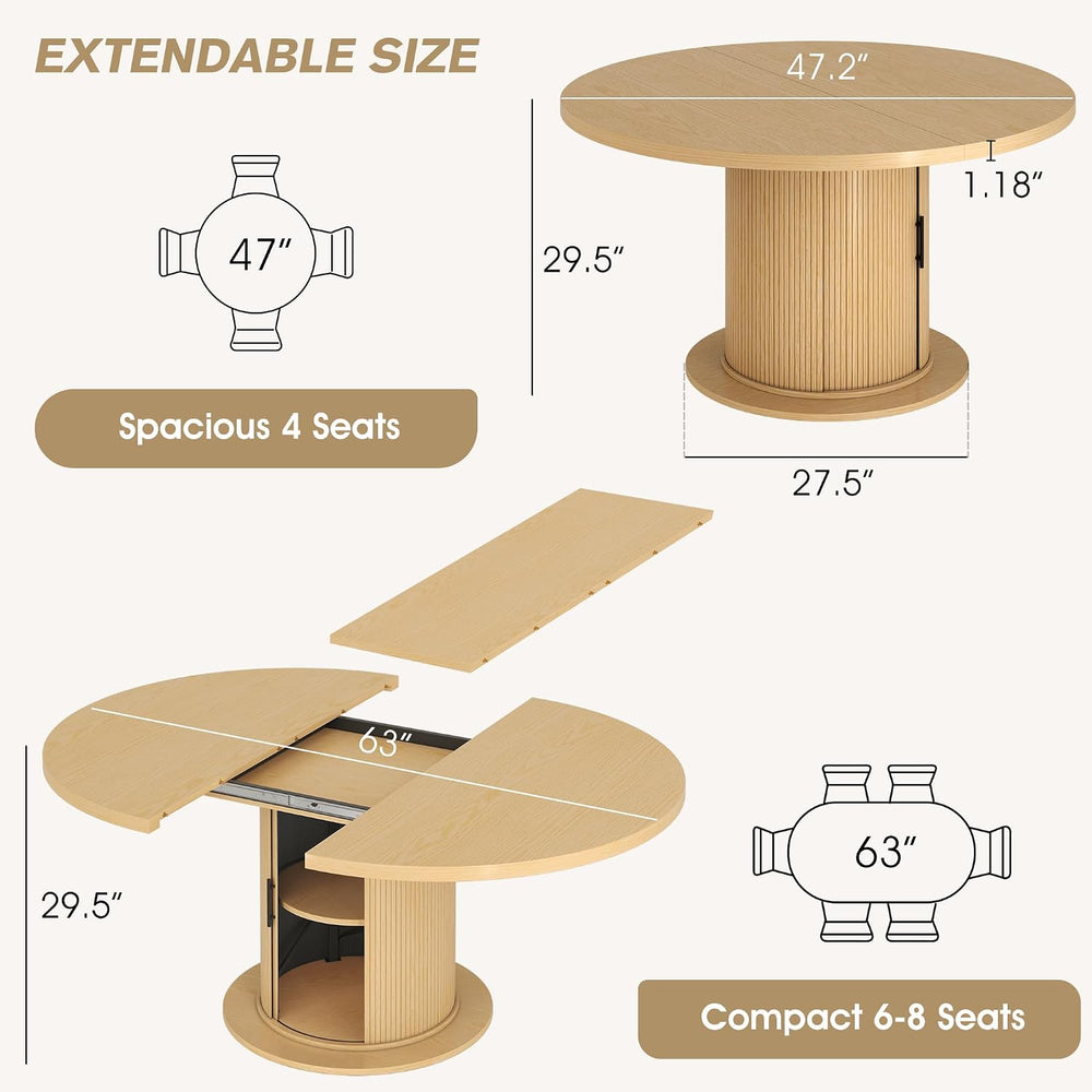 Alohappy Dining Table for 4-6, 47in-63in Extendable Round Dining Room Table w...