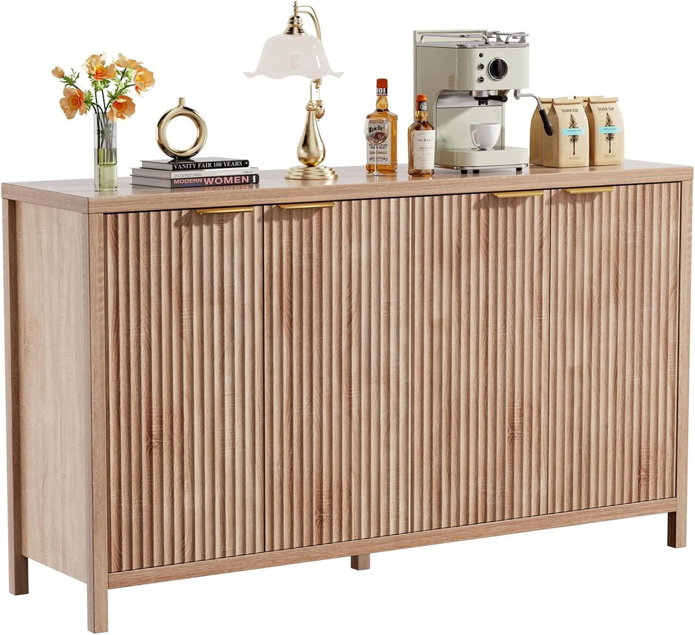 Fluted Sideboard Buffet Cabinet, 55" Large Storage Buffet Cabinet with 4...