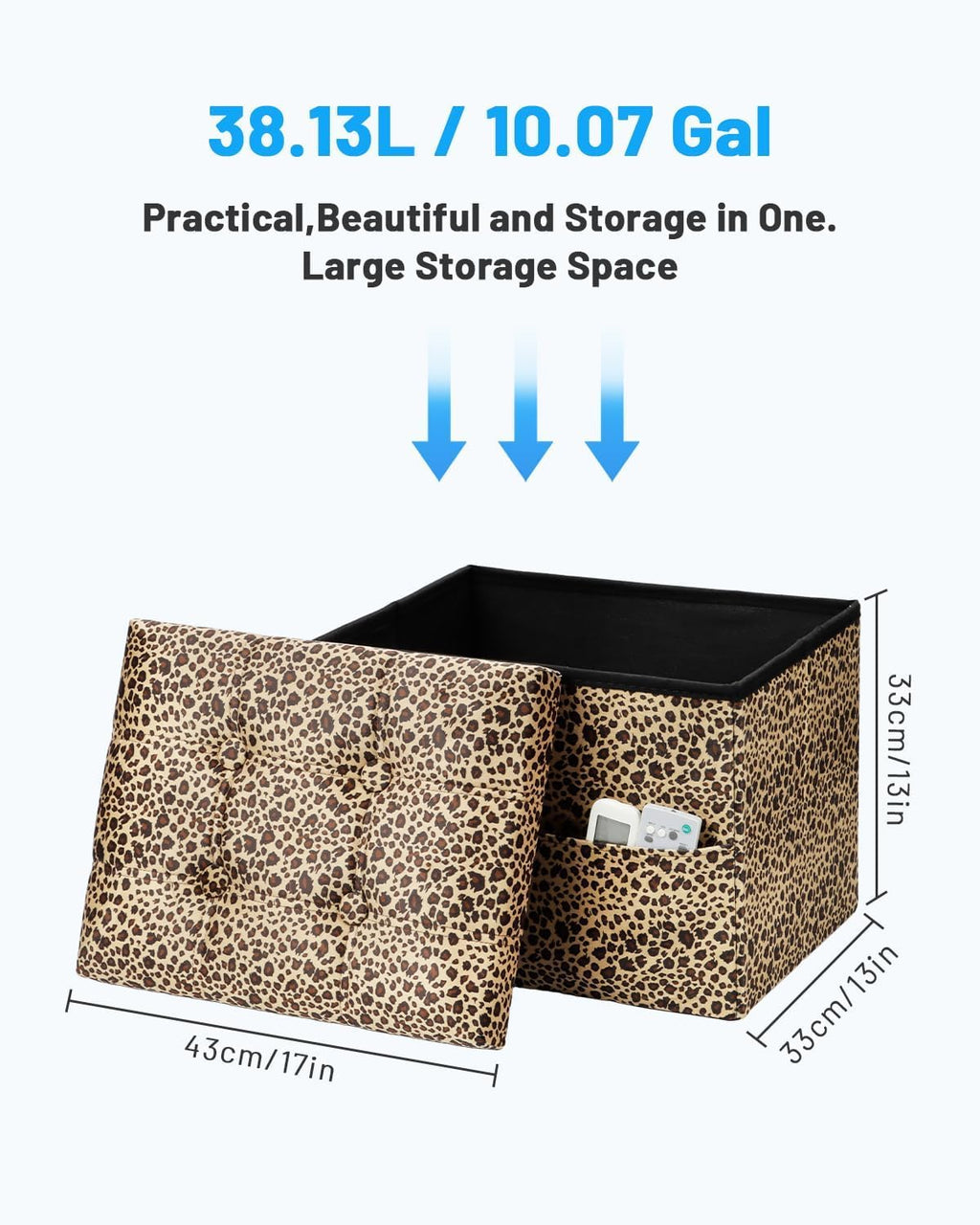 Bsketa Storage Ottoman Bench, 17" Folding Velvet Foot Rest,Leopard Print | Small Ottoman with Side Pockets, Thicker Foam Padded Seat, Livingroom, Dorm, Bedroom, Easy to install, 43L,17x13x13in