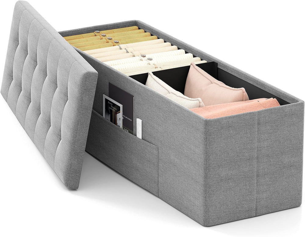 GOFLAME 43 Inches Folding Storage Ottoman Bench, Linen Fabric End of Bed Benc...