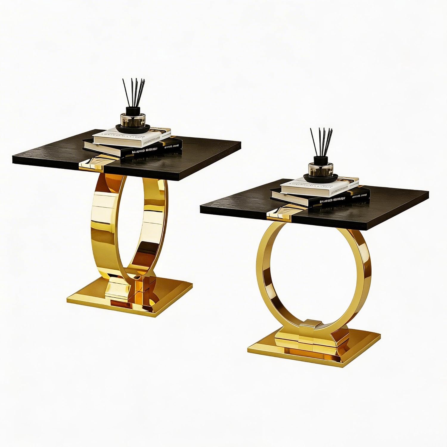 Asday 23” Wooden End Table Set of 2, Modern Luxury Square Side Table with Metal U Base for Living Room Bedroom Office, Black and Gold Nightstand Bedside Table Small Accent End Table