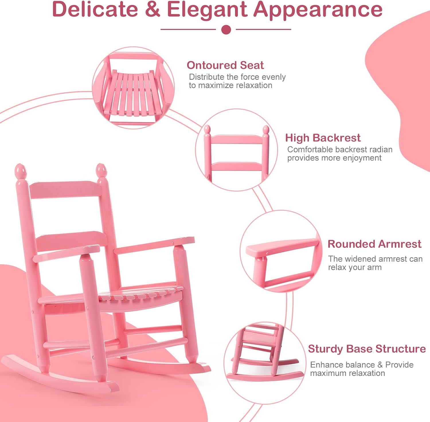 Kids Rocking Chair, Design Support Ages 3-6 for Outdoor, Pink | Solid Wood Toddler Baby Rocker, High Backrest & Rounded Armrests and Ergonomic, Living Room or Reading Room Use