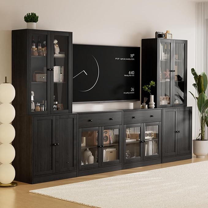 TUSY 71" TV Stand Storage Set - 2 Tall Bookcases & 2 Side Cabinets, Media Console with Glass & Wood Doors, Entertainment Center with Drawers, Tall Media Console for Living Room (Black, AFFA)