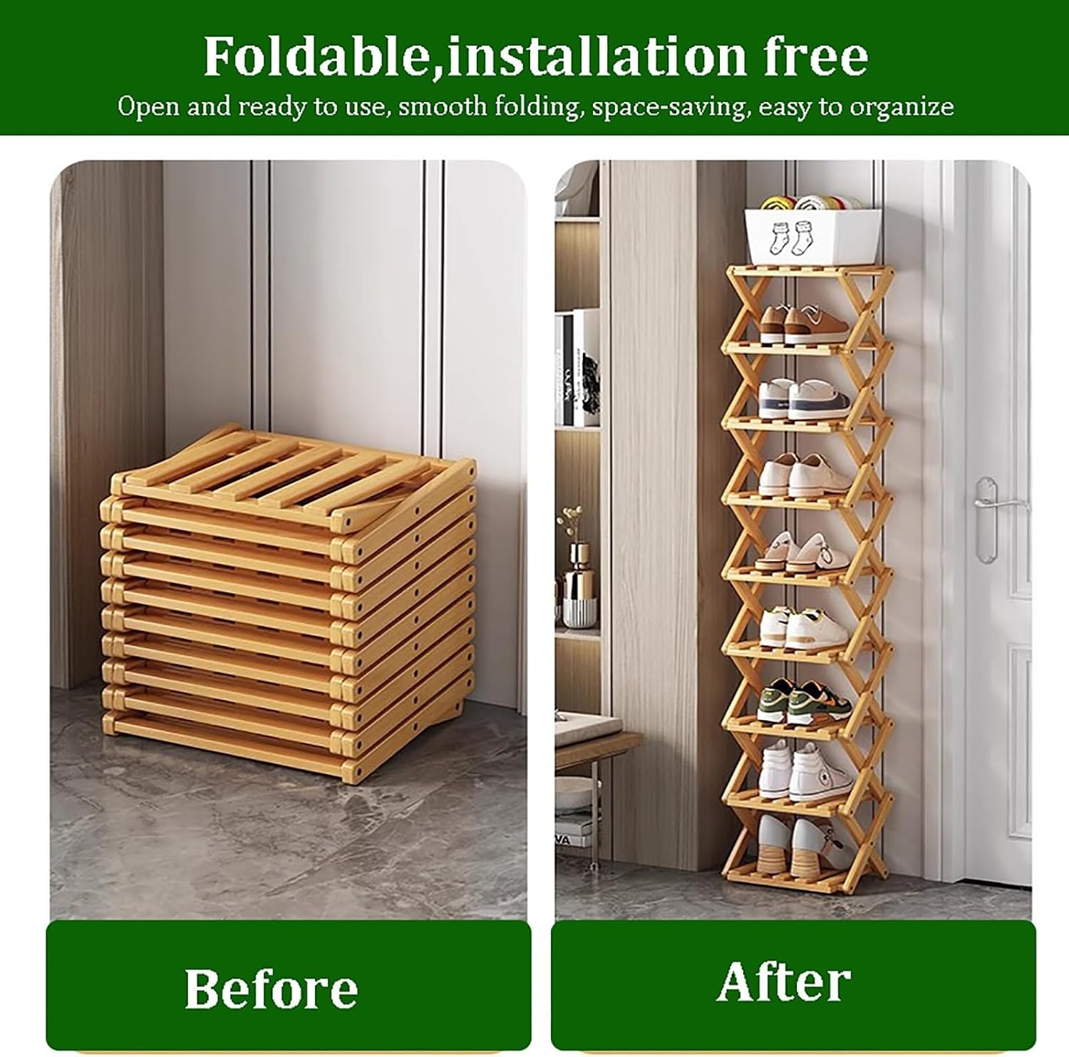 JingNian Foldable Shoe Rack, Freestanding Narrow Shoe Storage Shelf, No Assembly Shoe Organiser for Entryway, Hallway, Bedroom, Small Spaces(10-Tier)