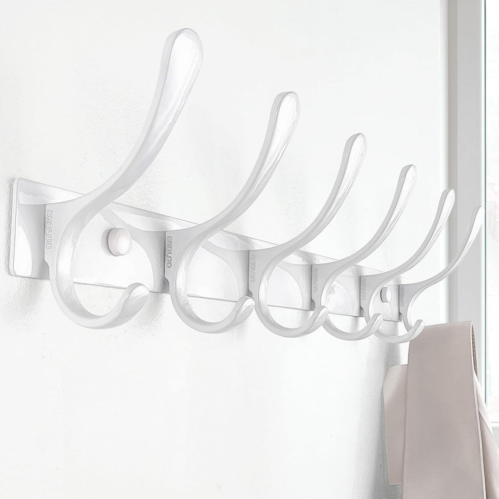 SKOLOO Heavy Duty Wall Mounted Coat Rack - 6 Hooks, Stainless Steel, Sturdy Coat Hooks for Hanging Clothes, Jacket, Hat, White