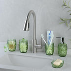 Modern Shatterproof Acrylic Olive Green Bathroom Accessories Set – 5-Piece Glass-Free Vanity Set with Soap Dispenser, Toothbrush/Makeup Brush Holder, 2 Cotton Jars with Lids, and Soap Dish